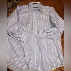 KIRKLAND SIGNATURE SIZE 17-34 NON IRON EXTRA LONG BLUE WHITE & PURPLE PINSTRIPE